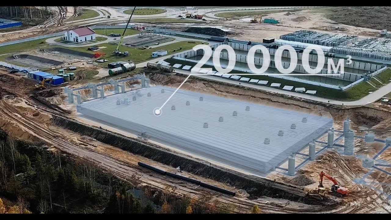 Видео о монтаже аккумулирующего резервуара ACO StormBrixx V=20 000 м3 (Великий Камень, Беларусь)