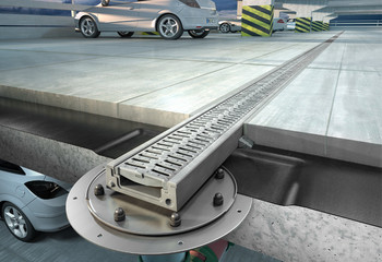 ACO Multiline встроенный в бетонный пол, с фланцевым элементом для прохода через гидроизоляцию